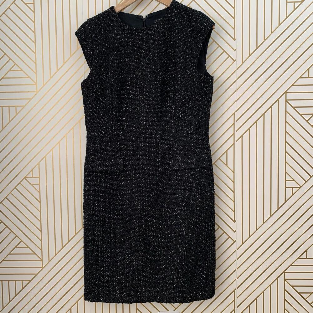 Ann Taylor Cap  Sleeve Sheath shift  Tweed Boulce Dress Black Gold Size 8